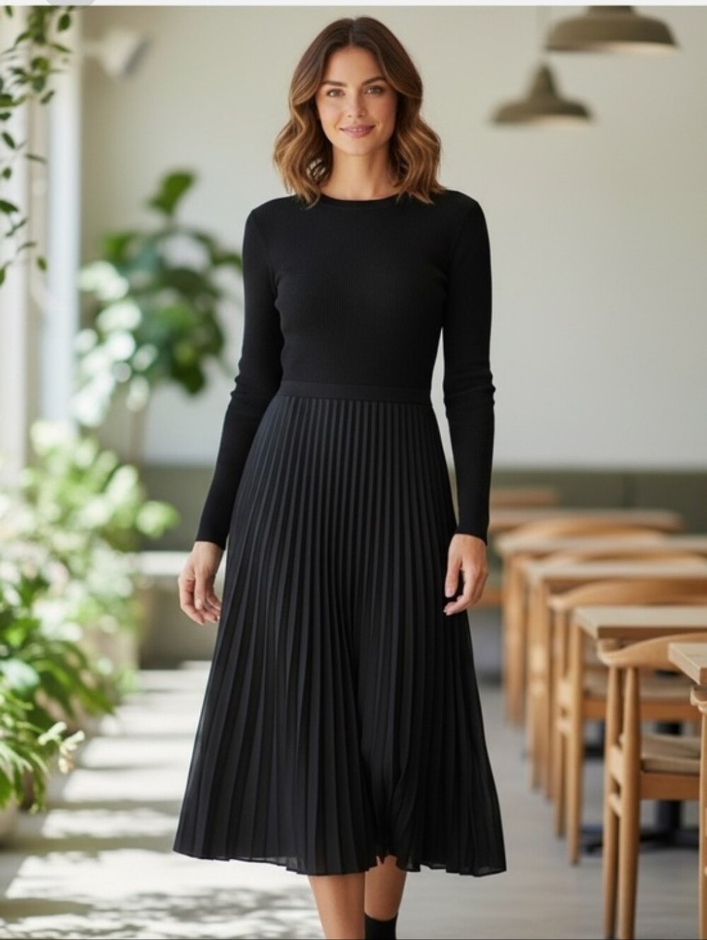 Nanette Lepore Mixed Media Satin Pleated Fit & Flare Sweater Dress SZ XL Black